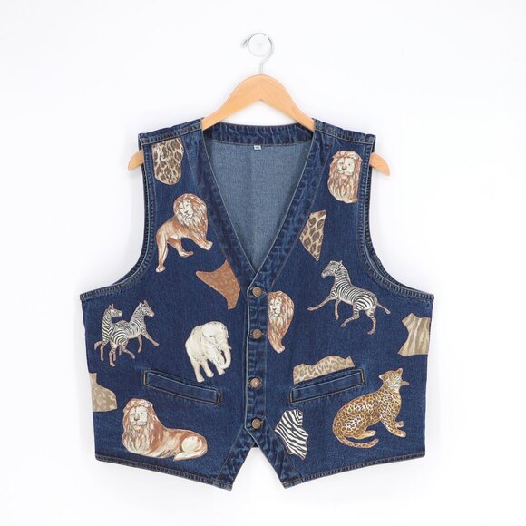 Upcycled Reworked Denim Vest Jacket Animal Safari Print Size XL - Picture 1 of 9